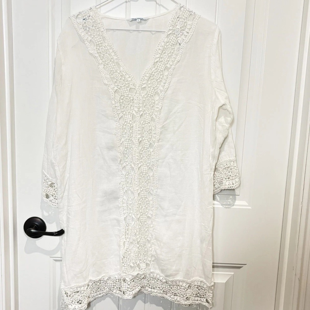 Blue Island White Tunic Cover up Mini‎ Dress Large Cotton Crochet